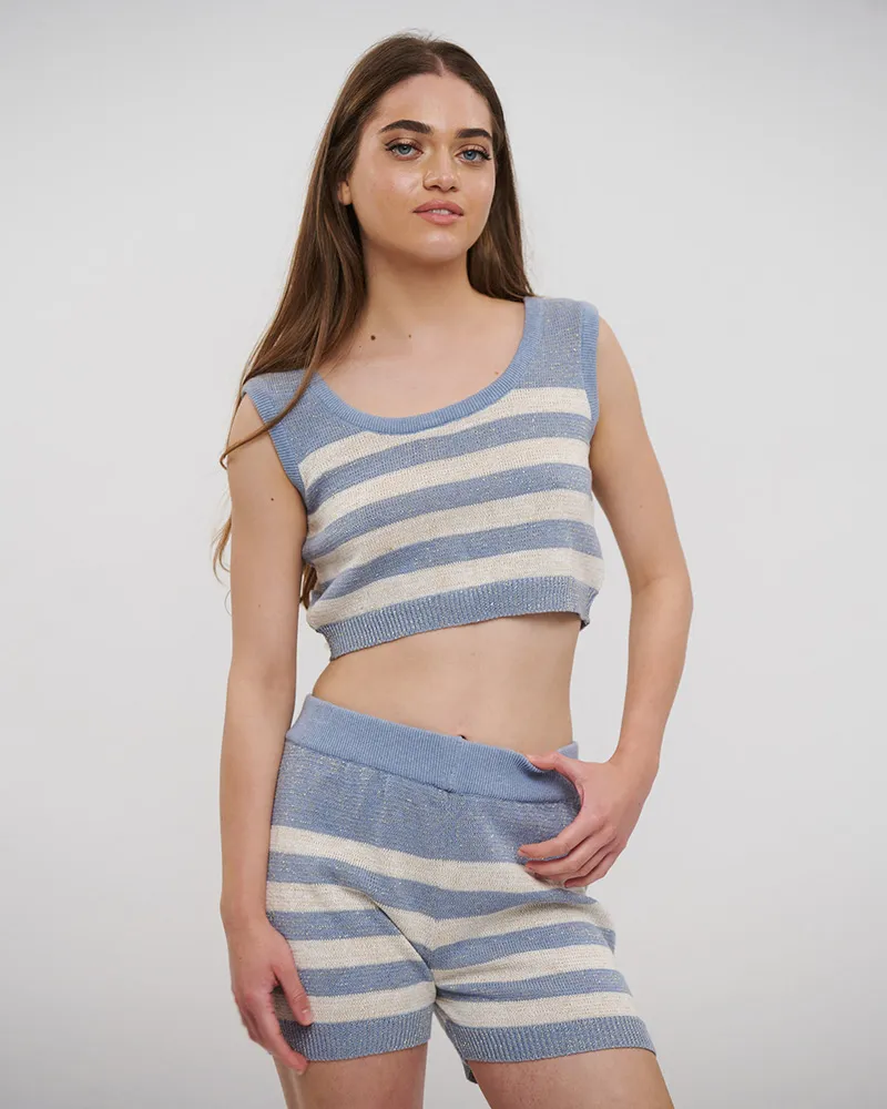TOΠ ΚΟΝΤΟ ΓΚΡΙ/ΓΑΛΑΖΙΟ/ΛΕΥΚΟ ΡΙΓΕ S/M (98% COTTON 2% LUREX)