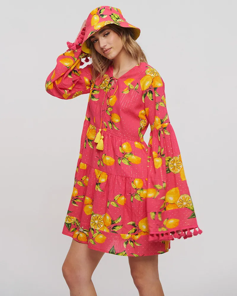 ΦΟΡΕΜΑ ΡΟΖ/ΚΙΤΡΙΝΟ ΜΕ ΣΧΕΔΙΟ ΛΕΜΟΝΙΑ ONE SIZE (98% COTTON 2% LUREX)