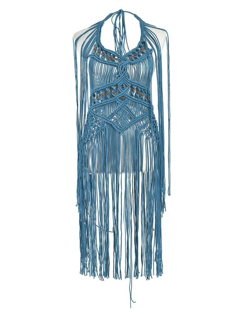 ΤΟΠ ΜΑΚΡΑΜΕ ΣΕ ΜΠΛΕ ΧΡΩΜΑ ΜΕ ΚΑΦΕ ΧΑΝΤΡΕΣ ONE SIZE (100% COTTON).