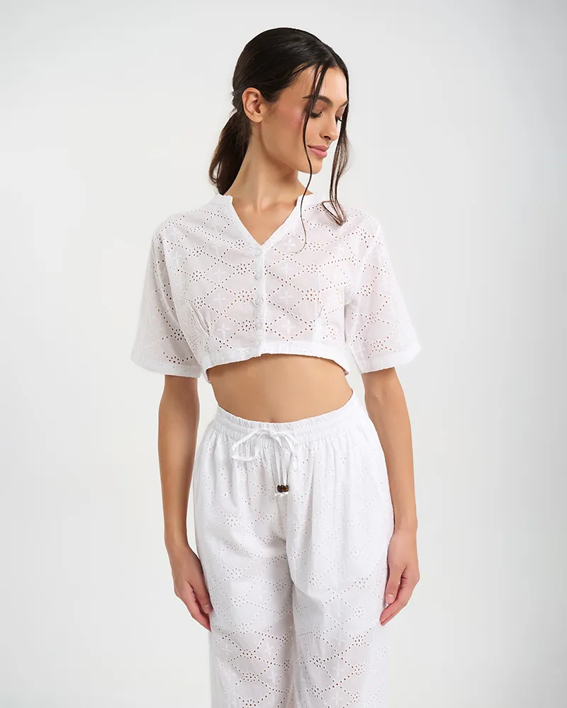 S/2 ΠΟΥΚΑΜΙΣΟ ΚΟΝΤΟΜΑΝΙΚΟ ΚΑΙ ΠΑΝΤΕΛΟΝΙ ΛΕΥΚΟ ΜΕ ΚΕΝΤΗΤΕΣ ΛΕΠΤΟΜΕΡΕΙΕΣ ONE SIZE (100% COTTON)