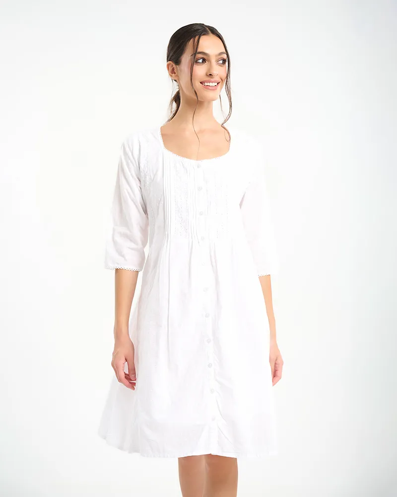 ΦΟΡΕΜΑ ΣΕ ΛΕΥΚΟ ΧΡΩΜΑ ΜΕ 3/4 ΜΑΝΙΚΙ ΚΑΙ ΚΟΥΜΠΙΑ ONE SIZE (100% COTTON)