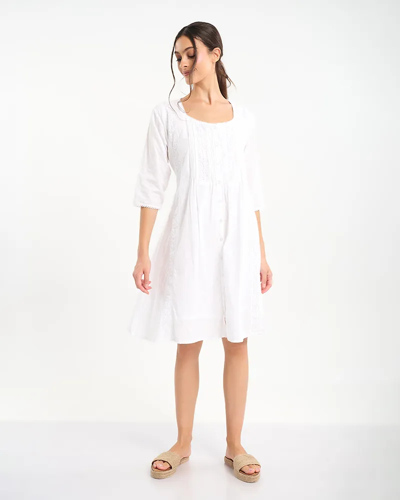 ΦΟΡΕΜΑ ΣΕ ΛΕΥΚΟ ΧΡΩΜΑ ΜΕ 3/4 ΜΑΝΙΚΙ ΚΑΙ ΚΟΥΜΠΙΑ ONE SIZE (100% COTTON)