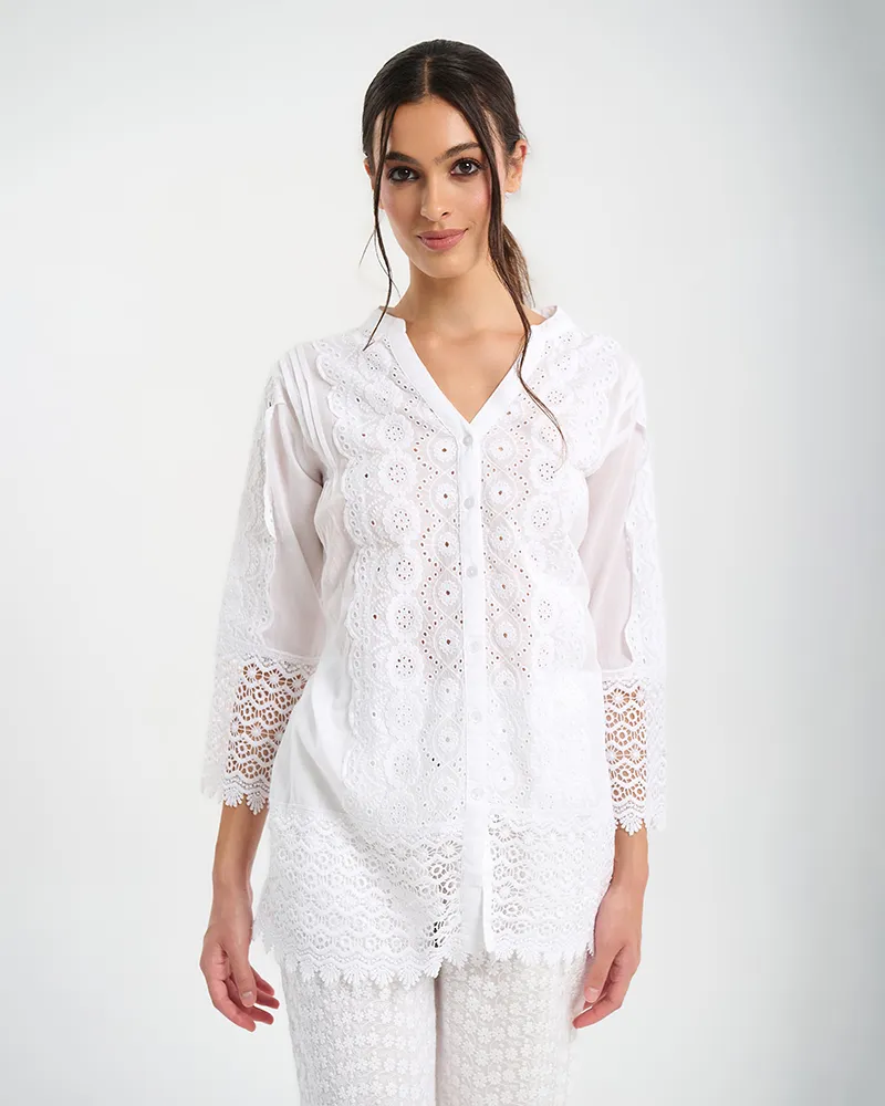 ΦΟΡΕΜΑ/ΠΟΥΚΑΜΙΣΑ ΚΟΝΤΗ ΣΕ ΛΕΥΚΟ ΜΕ ΛΕΠΤΟΜΕΡΕΙΕΣ ΚΕΝΤΗΜΑΤΑ ONE SIZE (100% COTTON)