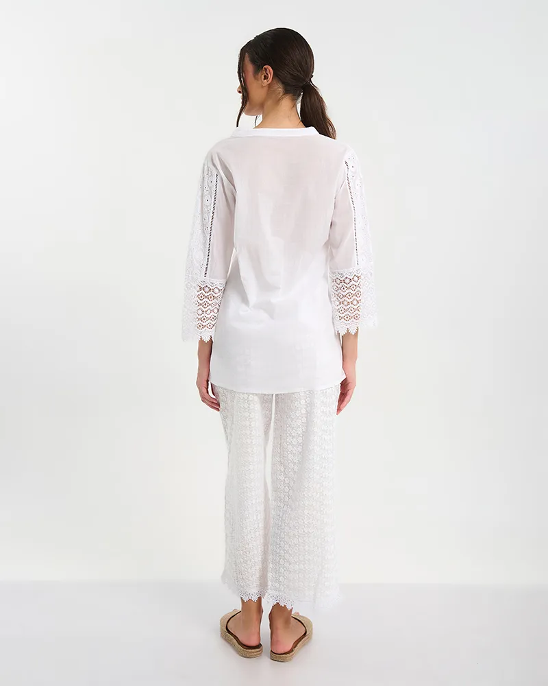 ΦΟΡΕΜΑ/ΠΟΥΚΑΜΙΣΑ ΚΟΝΤΗ ΣΕ ΛΕΥΚΟ ΜΕ ΛΕΠΤΟΜΕΡΕΙΕΣ ΚΕΝΤΗΜΑΤΑ ONE SIZE (100% COTTON)