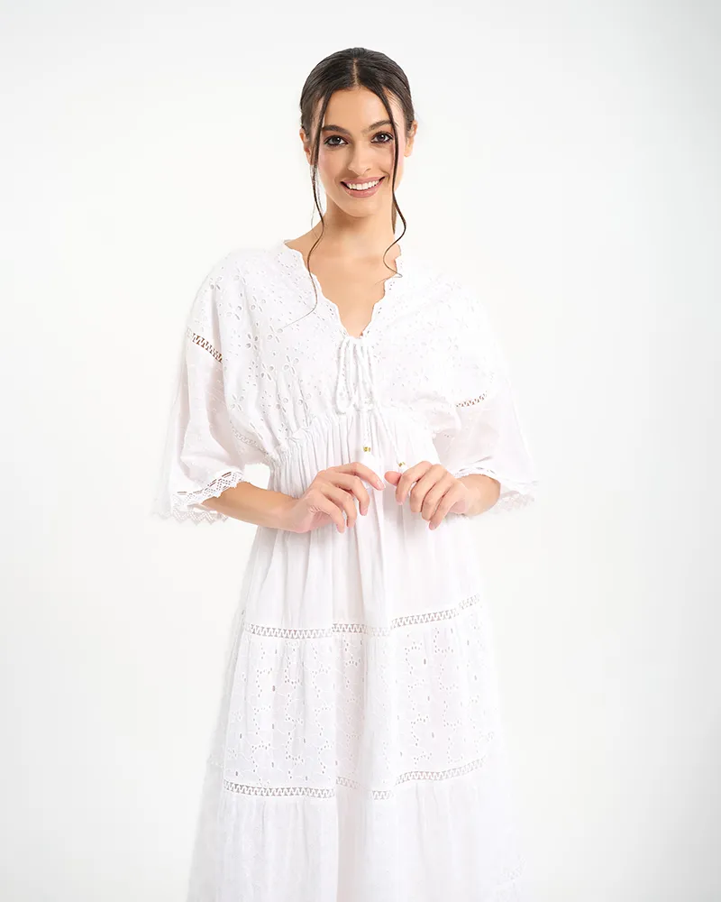 ΦΟΡΕΜΑ ΜΑΚΡΥ ΜΕ ΚΡΟΣΙΑ ΣΤΑ ΜΑΝΙΚΙΑ ΣΕ ΛΕΥΚΟ ΧΡΩΜΑ ONE SIZE (100% COTTON)