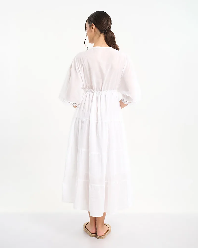 ΦΟΡΕΜΑ ΜΑΚΡΥ ΜΕ ΚΡΟΣΙΑ ΣΤΑ ΜΑΝΙΚΙΑ ΣΕ ΛΕΥΚΟ ΧΡΩΜΑ ONE SIZE (100% COTTON)