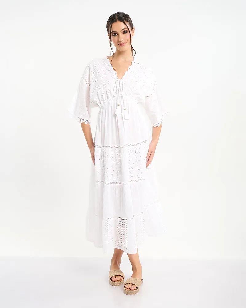 ΦΟΡΕΜΑ ΜΑΚΡΥ ΜΕ ΚΡΟΣΙΑ ΣΤΑ ΜΑΝΙΚΙΑ ΣΕ ΛΕΥΚΟ ΧΡΩΜΑ ONE SIZE (100% COTTON)
