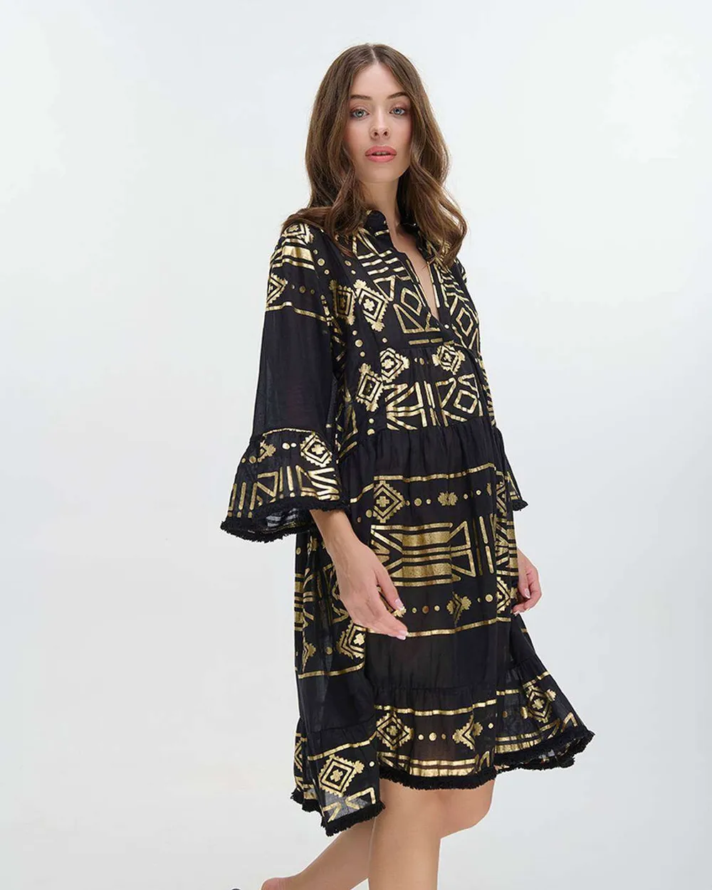 ΦΟΡΕΜΑ ΚΟΝΤΟ ΜΑΥΡΟ ΜΕ ΧΡΥΣΑ ΣΧΕΔΙΑ ONE SIZE (100% COTTON)