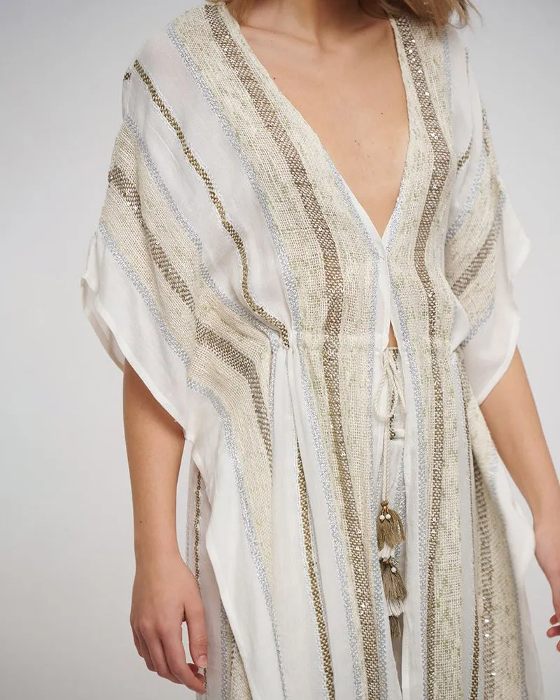 ΚΙΜΟΝΟ ΜΑΚΡΥ ΣΕ ΛΕΥΚΟ/ΜΠΕΖ ΧΡΩΜΑ ΜΕ LUREX ONE SIZE (COTTON/VISCOSE)