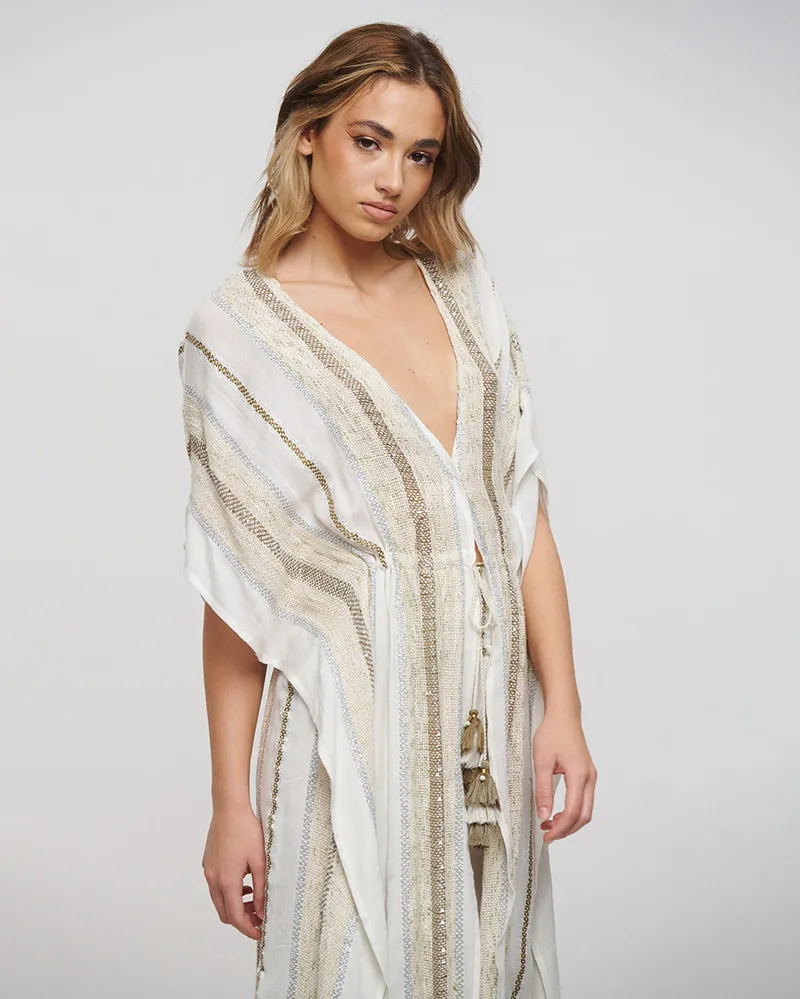 ΚΙΜΟΝΟ ΜΑΚΡΥ ΣΕ ΛΕΥΚΟ/ΜΠΕΖ ΧΡΩΜΑ ΜΕ LUREX ONE SIZE (COTTON/VISCOSE)