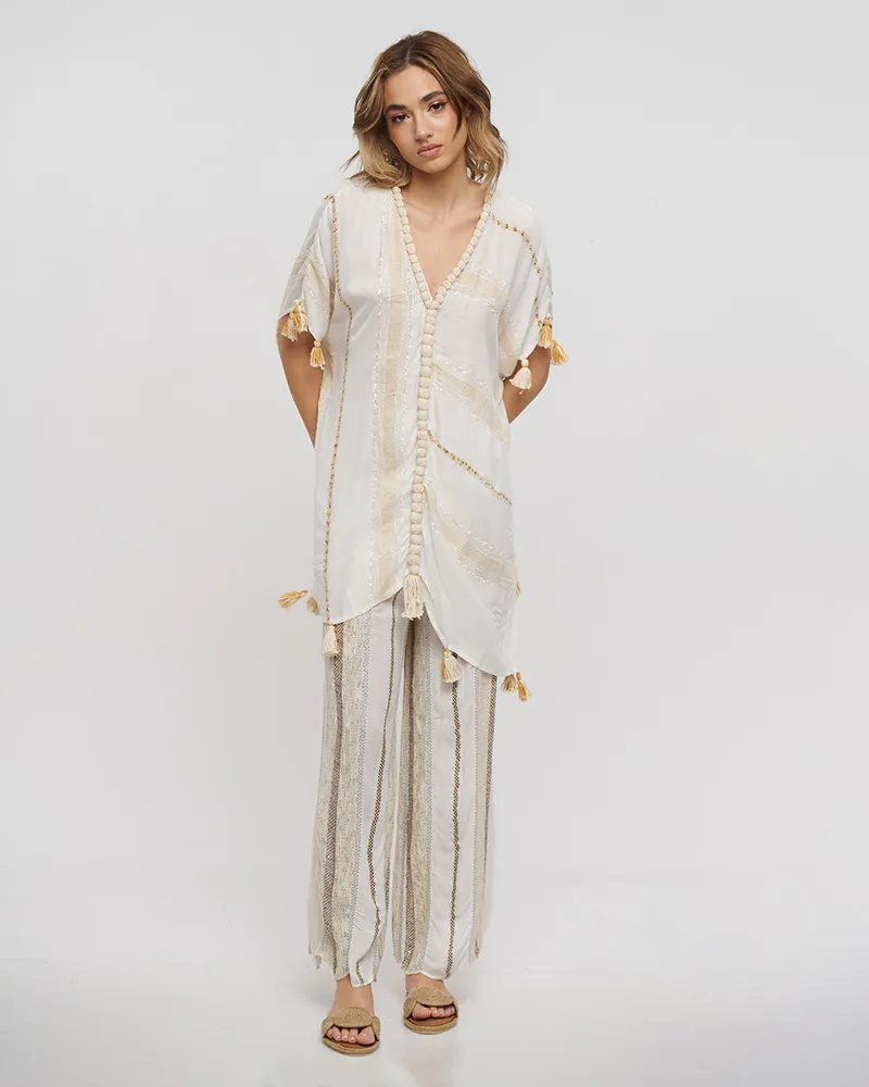 ΚΑΦΤΑΝΙ ΣΕ ΛΕΥΚΟ/ΜΠΕΖ ΧΡΩΜΑ ΜΕ ΦΟΥΝΤΑΚΙΑ ONE SIZE (COTTON/VISCOSE)