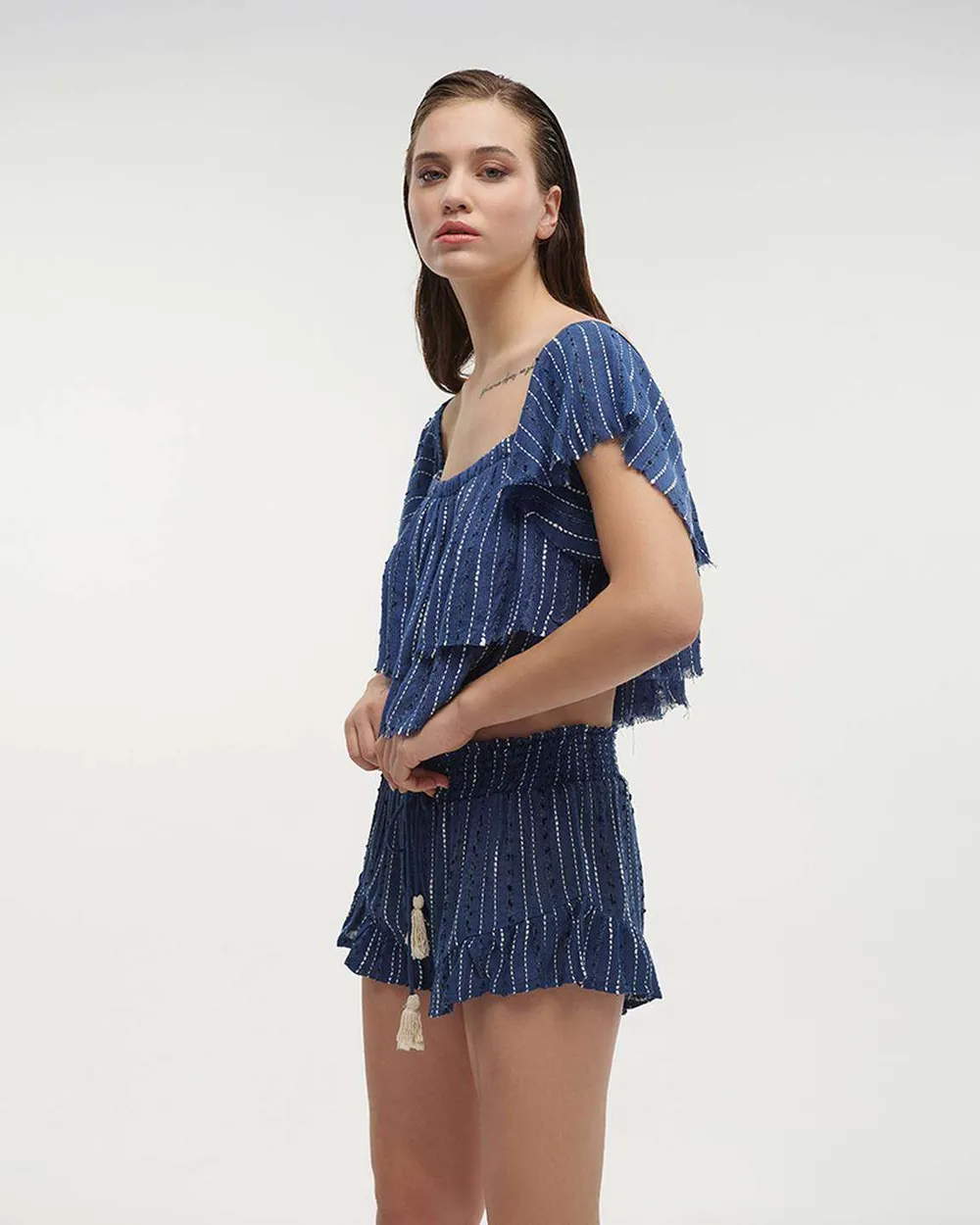 ΤΟΠ ΚΟΝΤΟ ΜΠΛΕ ΜΕ ΛΕΥΚΕΣ ΛΕΠΤΟΜΕΡΕΙΕΣ ONE SIZE (100%COTTON)