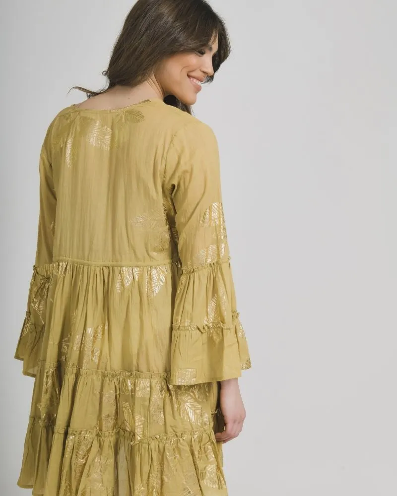 ΦΟΡΕΜΑ ΚΟΝΤΟ ΜΕ ΜΑΚΡΥ ΜΑΝΙΚΙ ΣΚΟΥΡΟ ΜΠΕΖ ΜΕ ΧΡΥΣΑ ΦΥΛΛΑ ONE SIZE (100% COTTON)