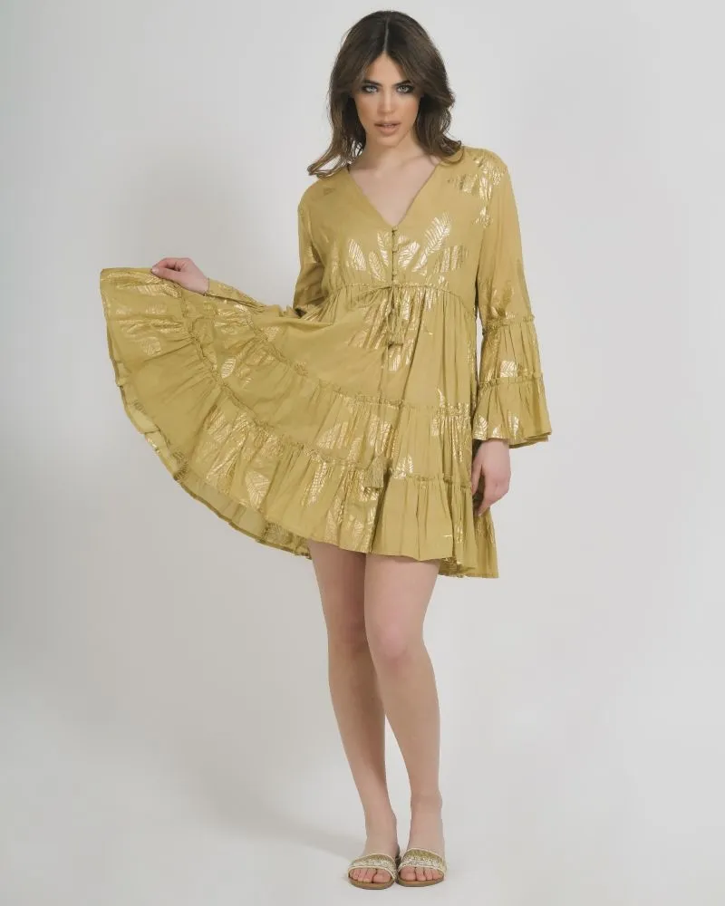 ΦΟΡΕΜΑ ΚΟΝΤΟ ΜΕ ΜΑΚΡΥ ΜΑΝΙΚΙ ΣΚΟΥΡΟ ΜΠΕΖ ΜΕ ΧΡΥΣΑ ΦΥΛΛΑ ONE SIZE (100% COTTON)