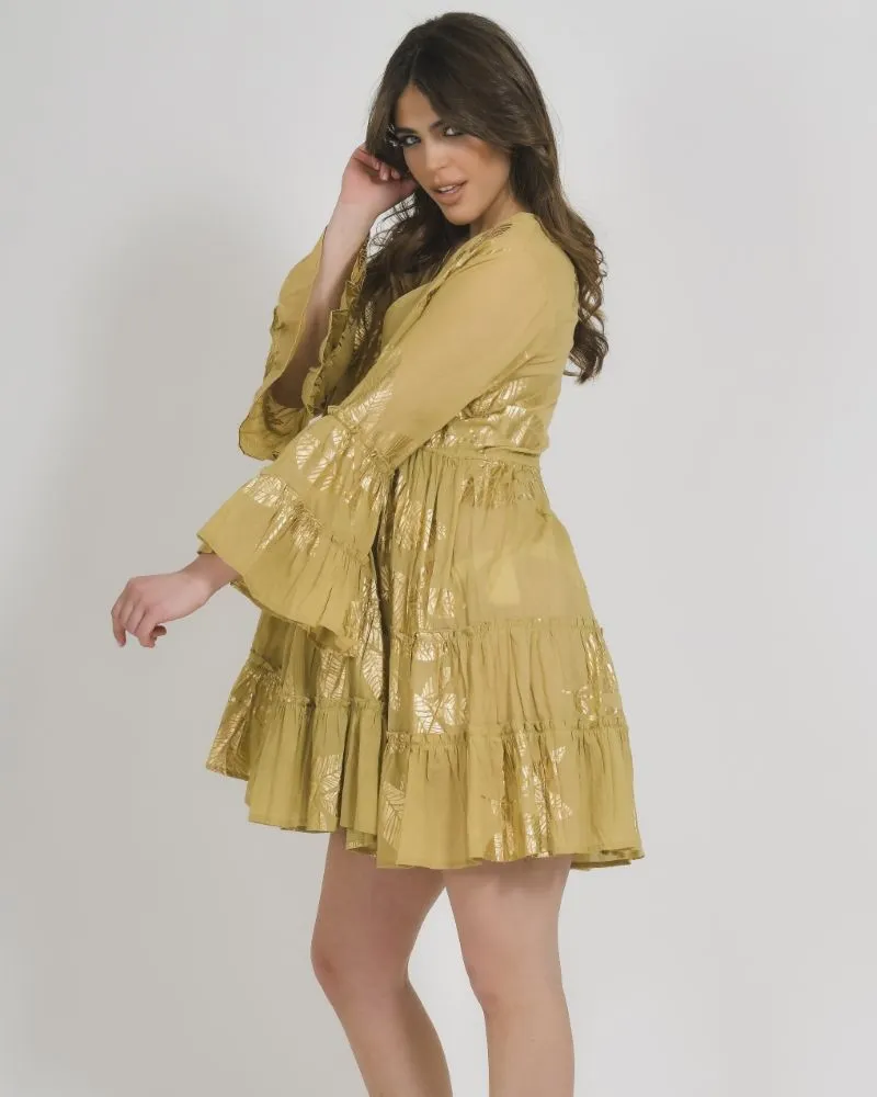 ΦΟΡΕΜΑ ΚΟΝΤΟ ΜΕ ΜΑΚΡΥ ΜΑΝΙΚΙ ΣΚΟΥΡΟ ΜΠΕΖ ΜΕ ΧΡΥΣΑ ΦΥΛΛΑ ONE SIZE (100% COTTON)