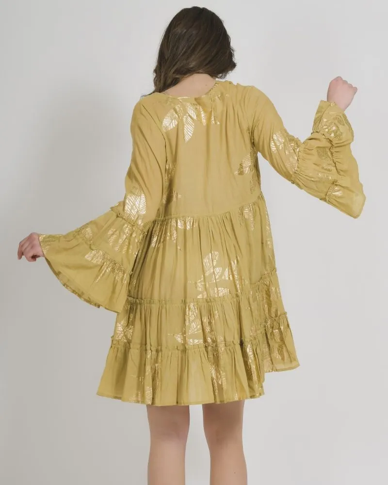 ΦΟΡΕΜΑ ΚΟΝΤΟ ΜΕ ΜΑΚΡΥ ΜΑΝΙΚΙ ΣΚΟΥΡΟ ΜΠΕΖ ΜΕ ΧΡΥΣΑ ΦΥΛΛΑ ONE SIZE (100% COTTON)