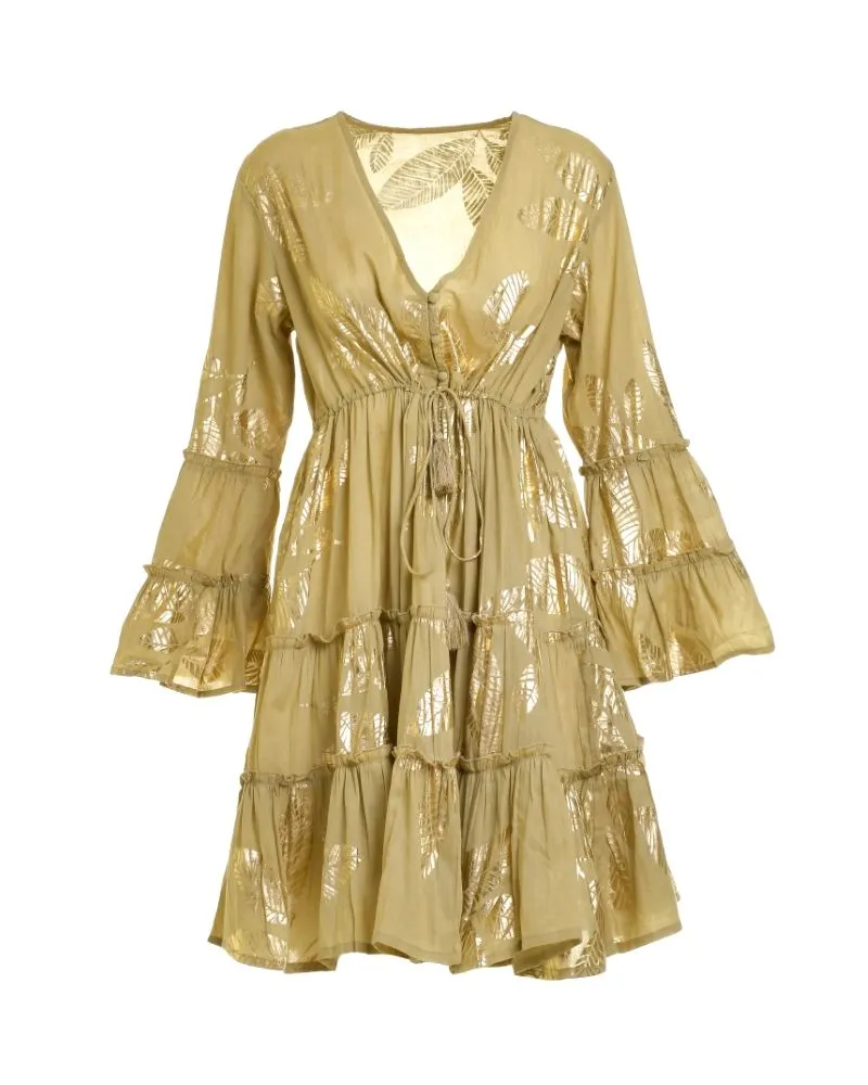 ΦΟΡΕΜΑ ΚΟΝΤΟ ΜΕ ΜΑΚΡΥ ΜΑΝΙΚΙ ΣΚΟΥΡΟ ΜΠΕΖ ΜΕ ΧΡΥΣΑ ΦΥΛΛΑ ONE SIZE (100% COTTON)