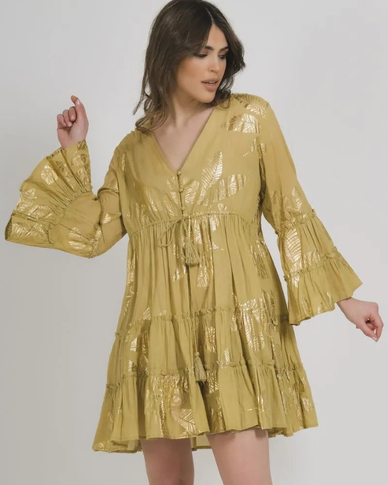 ΦΟΡΕΜΑ ΚΟΝΤΟ ΜΕ ΜΑΚΡΥ ΜΑΝΙΚΙ ΣΚΟΥΡΟ ΜΠΕΖ ΜΕ ΧΡΥΣΑ ΦΥΛΛΑ ONE SIZE (100% COTTON)