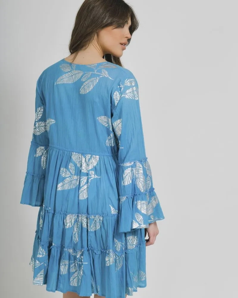 ΦΟΡΕΜΑ ΚΟΝΤΟ ΜΕ ΜΑΚΡΥ ΜΑΝΙΚΙ ΤΥΡΚΟΥΑΖ ΜΕ ΑΣΗΜΙ ΦΥΛΛΑ ONE SIZE (100% COTTON)