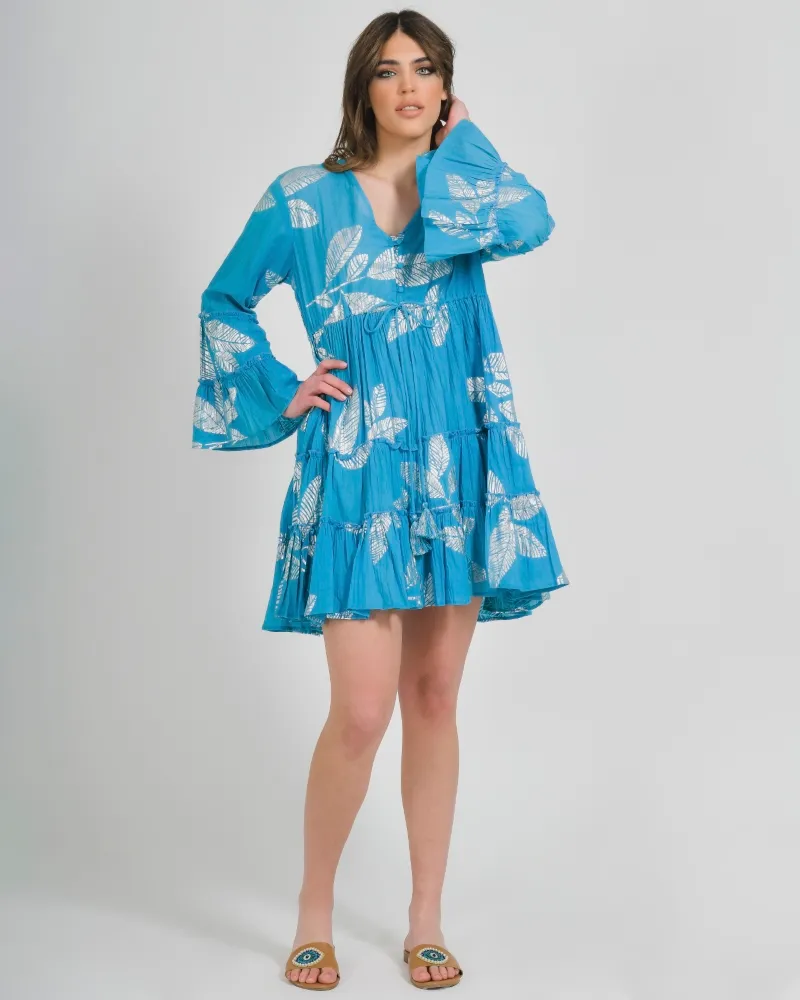 ΦΟΡΕΜΑ ΚΟΝΤΟ ΜΕ ΜΑΚΡΥ ΜΑΝΙΚΙ ΤΥΡΚΟΥΑΖ ΜΕ ΑΣΗΜΙ ΦΥΛΛΑ ONE SIZE (100% COTTON)