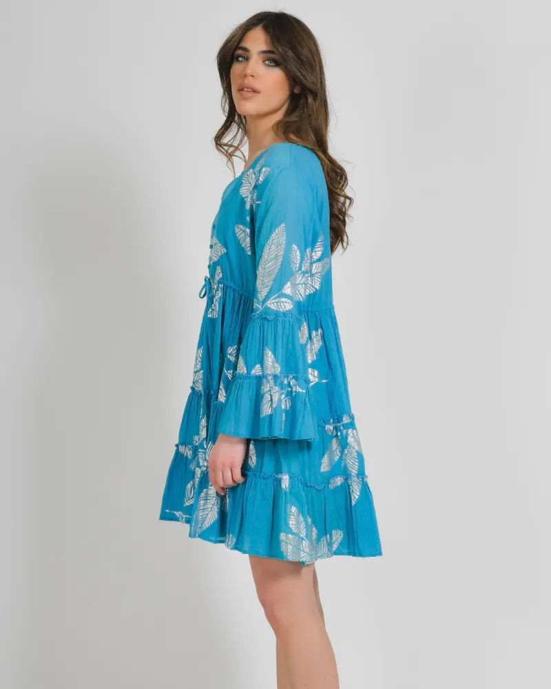 ΦΟΡΕΜΑ ΚΟΝΤΟ ΜΕ ΜΑΚΡΥ ΜΑΝΙΚΙ ΤΥΡΚΟΥΑΖ ΜΕ ΑΣΗΜΙ ΦΥΛΛΑ ONE SIZE (100% COTTON)