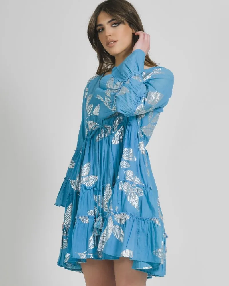 ΦΟΡΕΜΑ ΚΟΝΤΟ ΜΕ ΜΑΚΡΥ ΜΑΝΙΚΙ ΤΥΡΚΟΥΑΖ ΜΕ ΑΣΗΜΙ ΦΥΛΛΑ ONE SIZE (100% COTTON)