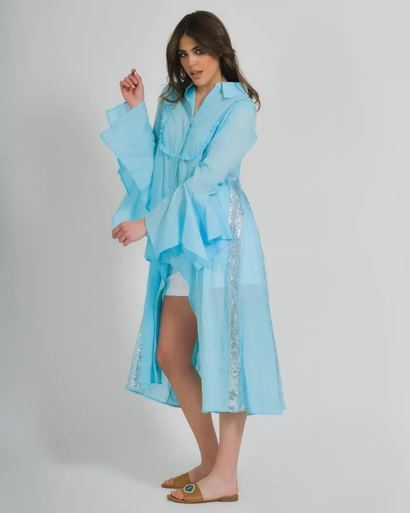 ΠΟΥΚΑΜΙΣΑ ΑΣΥΜΜΕΤΡΗ ΜΕ ΜΑΚΡΥ ΜΑΝΙΚΙ ΓΑΛΑΖΙΑ ΜΕ ΑΣΗΜΙ ΛΕΠΤΟΜΕΡΕΙΕΣ ONE SIZE (100% COTTON)