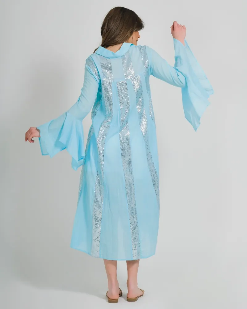 ΠΟΥΚΑΜΙΣΑ ΑΣΥΜΜΕΤΡΗ ΜΕ ΜΑΚΡΥ ΜΑΝΙΚΙ ΓΑΛΑΖΙΑ ΜΕ ΑΣΗΜΙ ΛΕΠΤΟΜΕΡΕΙΕΣ ONE SIZE (100% COTTON)