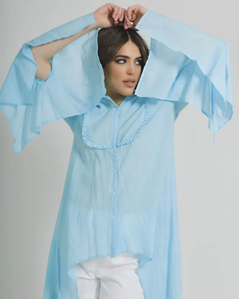 ΠΟΥΚΑΜΙΣΑ ΑΣΥΜΜΕΤΡΗ ΜΕ ΜΑΚΡΥ ΜΑΝΙΚΙ ΓΑΛΑΖΙΑ ΜΕ ΑΣΗΜΙ ΛΕΠΤΟΜΕΡΕΙΕΣ ONE SIZE (100% COTTON)