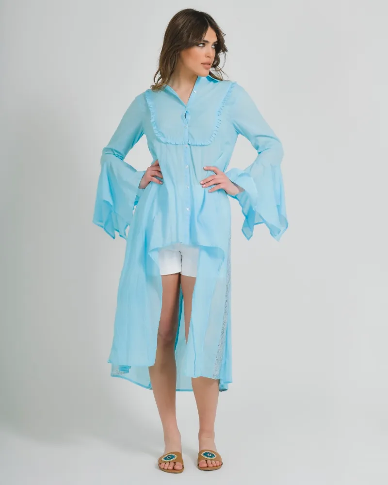 ΠΟΥΚΑΜΙΣΑ ΑΣΥΜΜΕΤΡΗ ΜΕ ΜΑΚΡΥ ΜΑΝΙΚΙ ΓΑΛΑΖΙΑ ΜΕ ΑΣΗΜΙ ΛΕΠΤΟΜΕΡΕΙΕΣ ONE SIZE (100% COTTON)