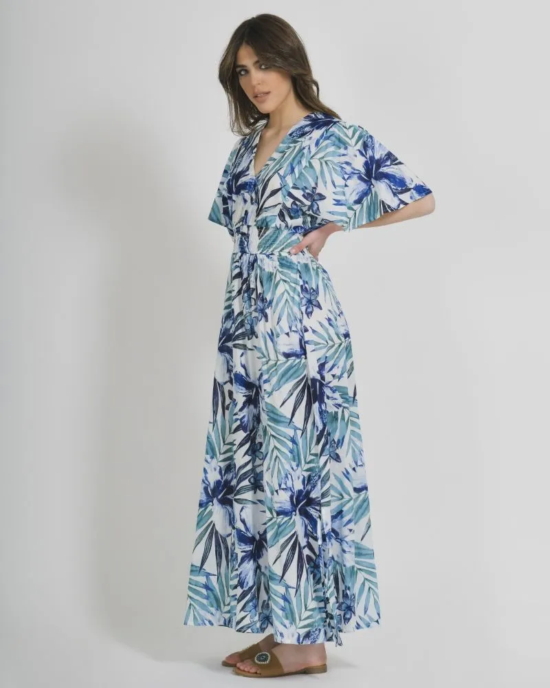 ΦΟΡΕΜΑ ΜΑΚΡΥ ΚΟΝΤΟΜΑΝΙΚΟ ΜΠΛΕ/ΛΕΥΚΟ ΜΕ ΦΥΛΛΑ ONE SIZE (100% COTTON).