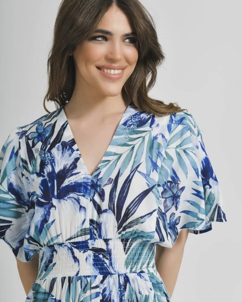 ΦΟΡΕΜΑ ΜΑΚΡΥ ΚΟΝΤΟΜΑΝΙΚΟ ΜΠΛΕ/ΛΕΥΚΟ ΜΕ ΦΥΛΛΑ ONE SIZE (100% COTTON).