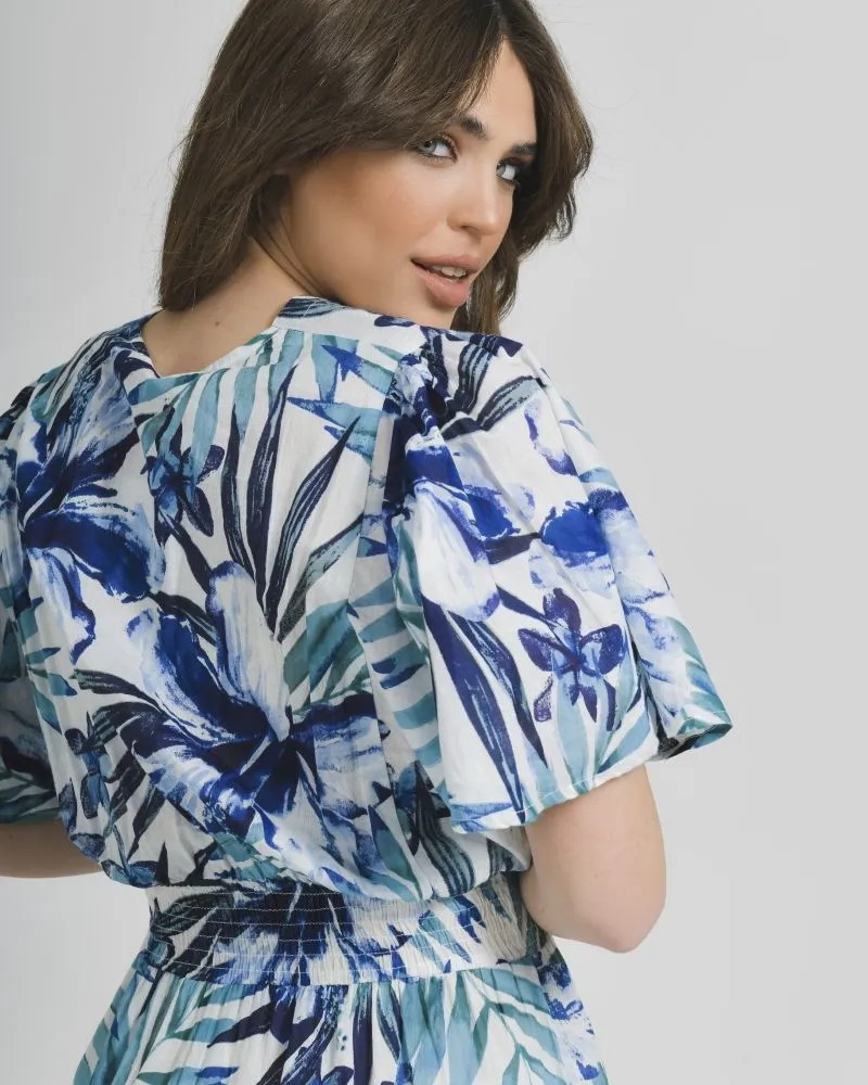 ΦΟΡΕΜΑ ΜΑΚΡΥ ΚΟΝΤΟΜΑΝΙΚΟ ΜΠΛΕ/ΛΕΥΚΟ ΜΕ ΦΥΛΛΑ ONE SIZE (100% COTTON).