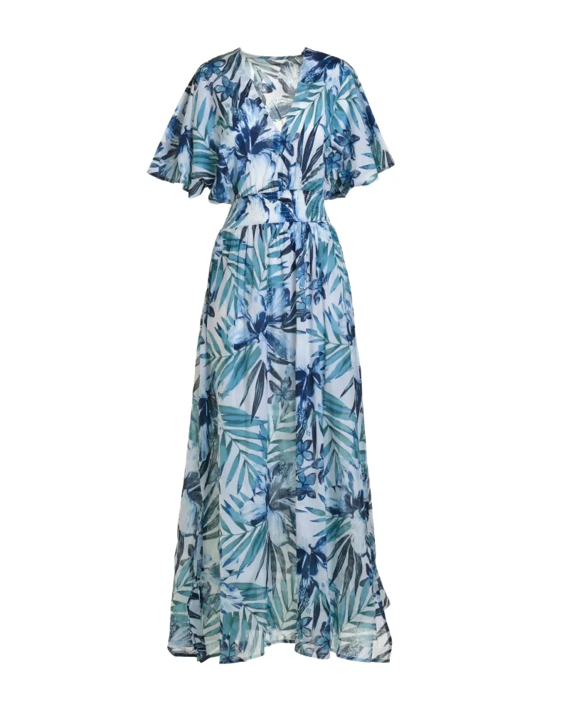 ΦΟΡΕΜΑ ΜΑΚΡΥ ΚΟΝΤΟΜΑΝΙΚΟ ΜΠΛΕ/ΛΕΥΚΟ ΜΕ ΦΥΛΛΑ ONE SIZE (100% COTTON).