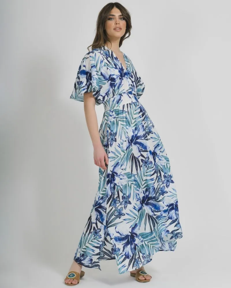 ΦΟΡΕΜΑ ΜΑΚΡΥ ΚΟΝΤΟΜΑΝΙΚΟ ΜΠΛΕ/ΛΕΥΚΟ ΜΕ ΦΥΛΛΑ ONE SIZE (100% COTTON).