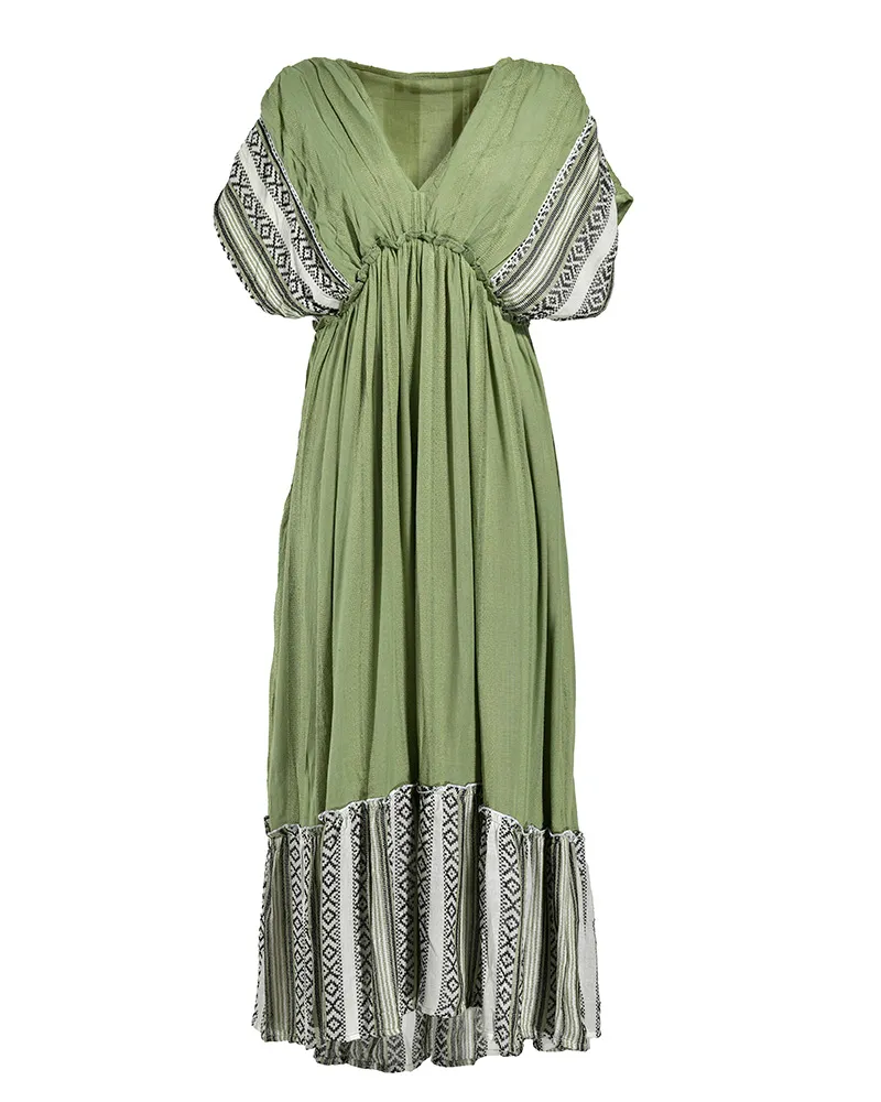 ΦΟΡΕΜΑ ΜΑΚΡΥ ΜΕ 3/4 ΜΑΝΙΚΙ ΣΕ ΠΡΑΣΙΝΟ ΧΡΩΜΑ ΜΕ ΑΣΠΡΟΜΑΥΡΕΣ ΛΕΠΤΟΜΕΡΕΙΕΣ ONE SIZE (100% COTTON)