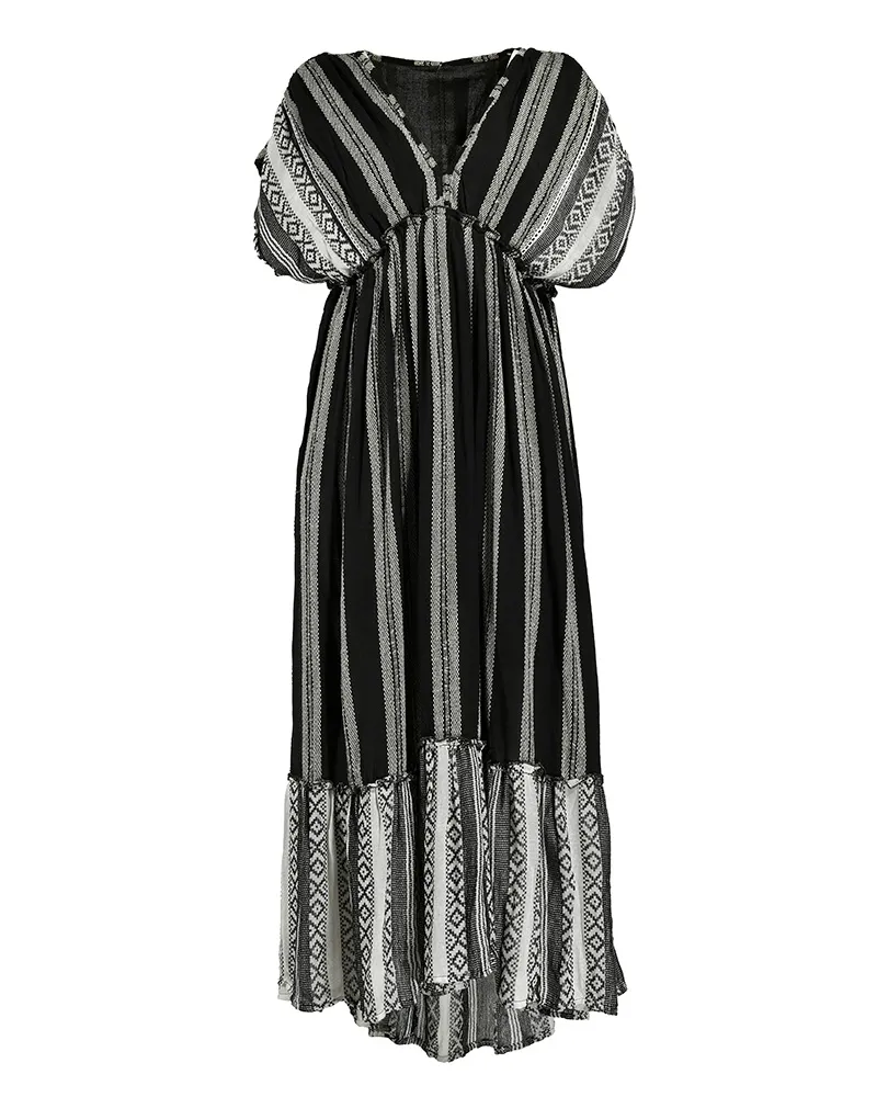 ΦΟΡΕΜΑ ΜΑΚΡΥ ΜΕ 3/4 ΜΑΝΙΚΙ ΣΕ ΜΑΥΡΟ ΧΡΩΜΑ ΜΕ ΑΣΠΡΟΜΑΥΡΕΣ ΛΕΠΤΟΜΕΡΕΙΕΣ ONE SIZE (100% COTTON)