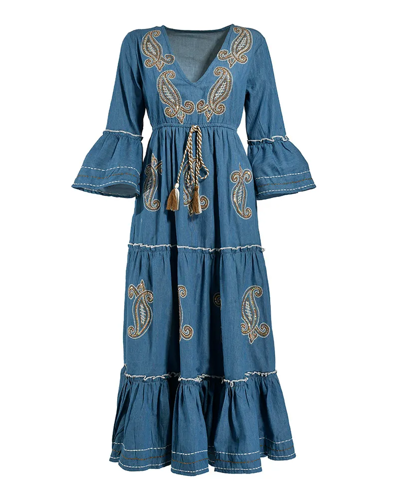 ΦΟΡΕΜΑ ΜΑΚΡΥ ΜΕ 3/4 ΜΑΝΙΚΙ ΣΕ ΜΠΛΕ ΧΡΩΜΑ ΜΕ ΧΡΥΣΕΣ/ΚΑΦΕ ΛΕΠΤΟΜΕΡΕΙΕΣ ONE SIZE (100% COTTON)