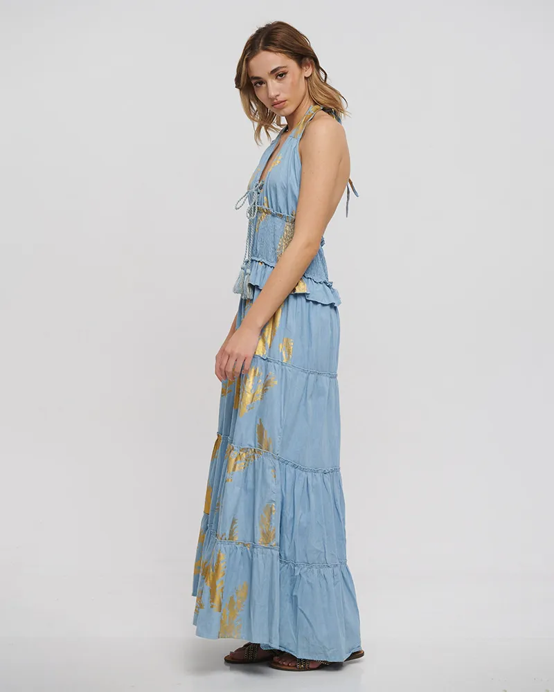 ΦΟΡΕΜΑ ΜΑΚΡΥ ΕΞΩΠΛΑΤΟ ΣΕ ΓΑΛΑΖΙΟ ΧΡΩΜΑ ΜΕ ΧΡΥΣΕΣ ΛΕΠΤΟΜΕΡΕΙΕΣ ONE SIZE (100% VISCOSE)