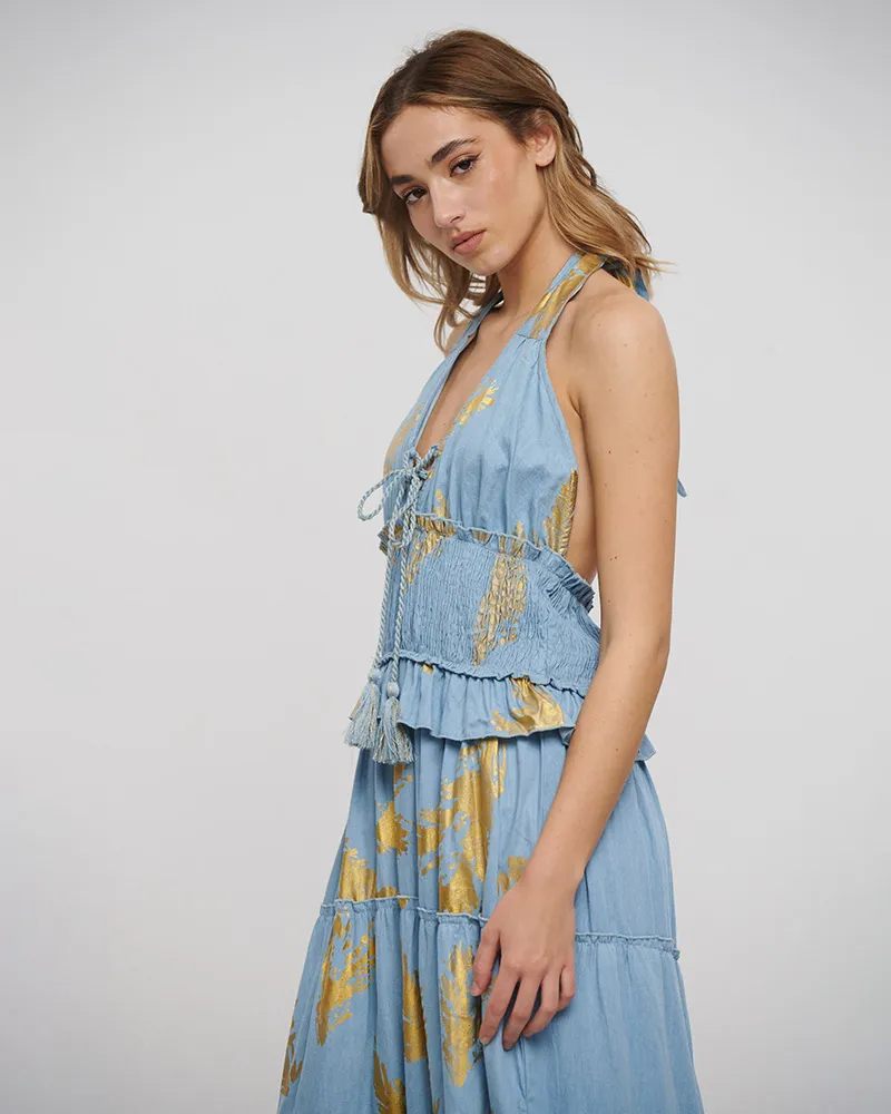 ΦΟΡΕΜΑ ΜΑΚΡΥ ΕΞΩΠΛΑΤΟ ΣΕ ΓΑΛΑΖΙΟ ΧΡΩΜΑ ΜΕ ΧΡΥΣΕΣ ΛΕΠΤΟΜΕΡΕΙΕΣ ONE SIZE (100% VISCOSE)