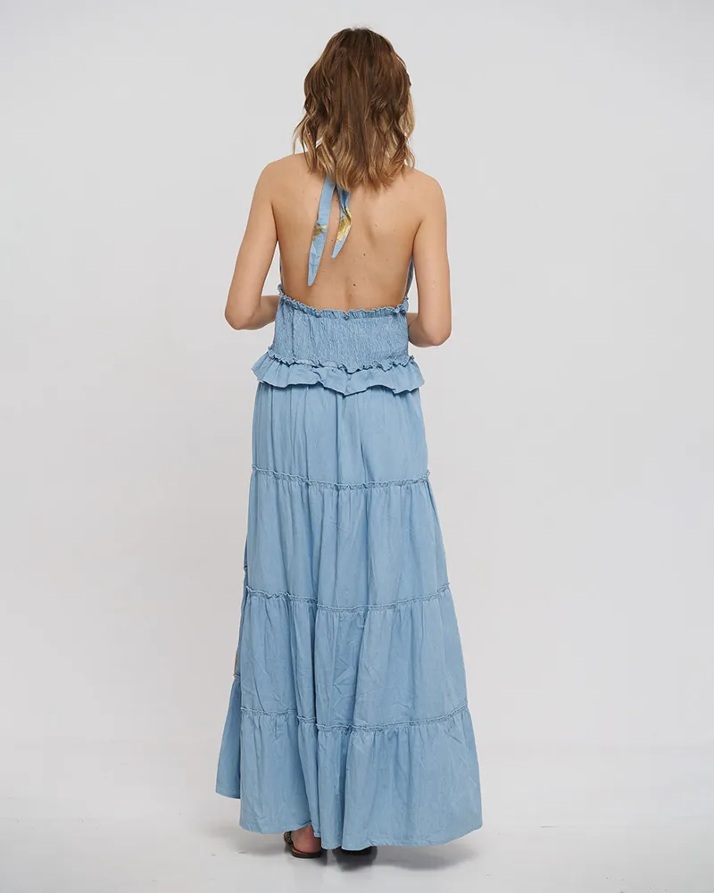 ΦΟΡΕΜΑ ΜΑΚΡΥ ΕΞΩΠΛΑΤΟ ΣΕ ΓΑΛΑΖΙΟ ΧΡΩΜΑ ΜΕ ΧΡΥΣΕΣ ΛΕΠΤΟΜΕΡΕΙΕΣ ONE SIZE (100% VISCOSE)