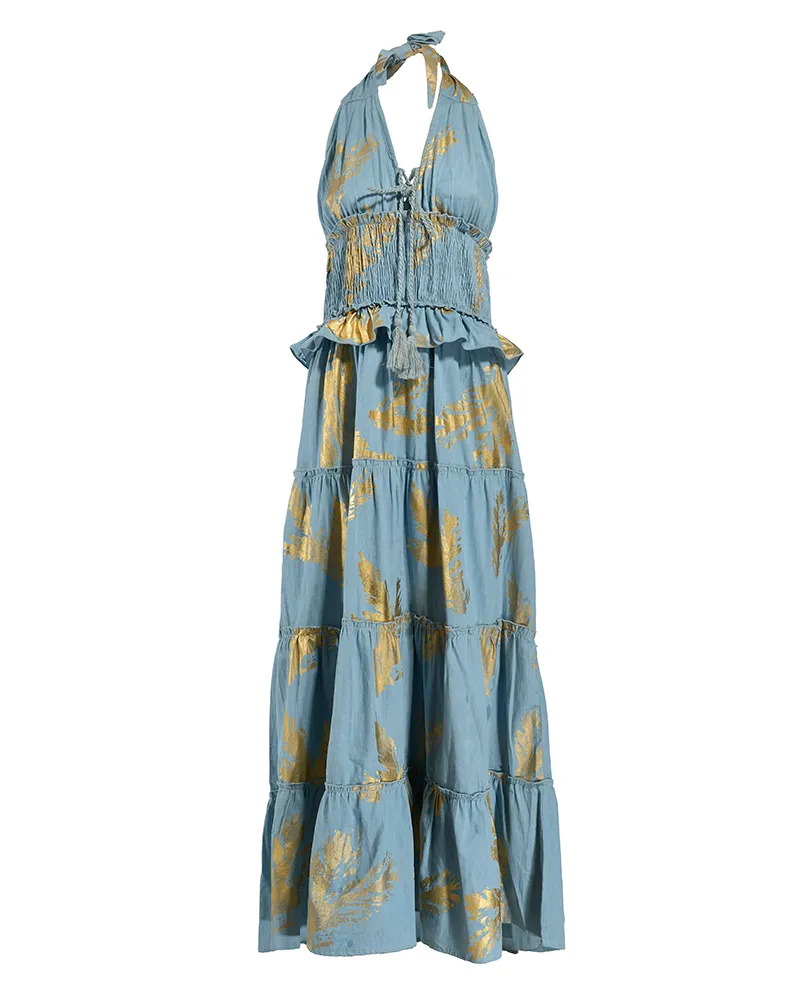 ΦΟΡΕΜΑ ΜΑΚΡΥ ΕΞΩΠΛΑΤΟ ΣΕ ΓΑΛΑΖΙΟ ΧΡΩΜΑ ΜΕ ΧΡΥΣΕΣ ΛΕΠΤΟΜΕΡΕΙΕΣ ONE SIZE (100% VISCOSE)