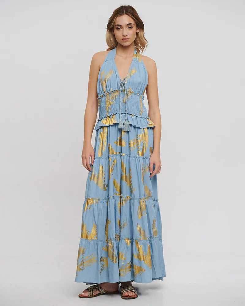 ΦΟΡΕΜΑ ΜΑΚΡΥ ΕΞΩΠΛΑΤΟ ΣΕ ΓΑΛΑΖΙΟ ΧΡΩΜΑ ΜΕ ΧΡΥΣΕΣ ΛΕΠΤΟΜΕΡΕΙΕΣ ONE SIZE (100% VISCOSE)