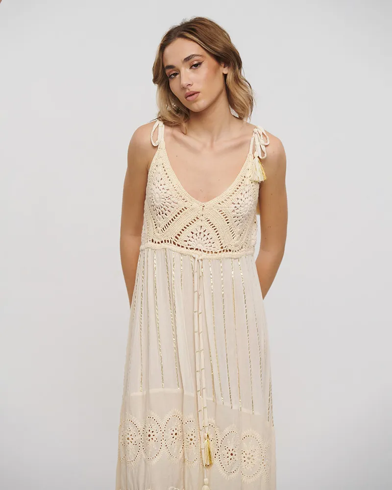 ΦΟΡΕΜΑ ΜΑΚΡΥ ΑΜΑΝΙΚΟ ΣΕ ΜΠΕΖ ΧΡΩΜΑ ΜΕ ΚΕΝΤΗΤΕΣ ΛΕΠΤΟΜΕΡΕΙΕΣ ONE SIZE (100% COTTON)