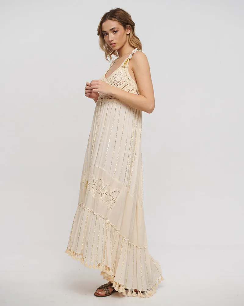 ΦΟΡΕΜΑ ΜΑΚΡΥ ΑΜΑΝΙΚΟ ΣΕ ΜΠΕΖ ΧΡΩΜΑ ΜΕ ΚΕΝΤΗΤΕΣ ΛΕΠΤΟΜΕΡΕΙΕΣ ONE SIZE (100% COTTON)