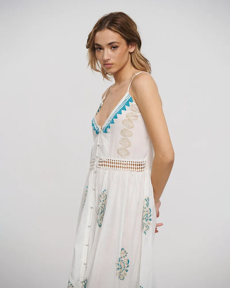 ΦΟΡΕΜΑ ΜΑΚΡΥ ΑΜΑΝΙΚΟ ΣΕ ΛΕΥΚΟ ΧΡΩΜΑ ΜΕ ΧΡΥΣΕΣ/ΜΠΛΕ ΛΕΠΤΟΜΕΡΕΙΕΣ ONE SIZE (100% COTTON)