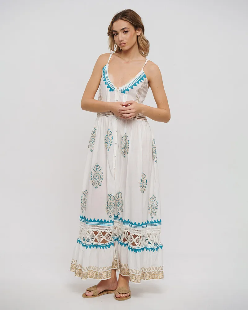 ΦΟΡΕΜΑ ΜΑΚΡΥ ΑΜΑΝΙΚΟ ΣΕ ΛΕΥΚΟ ΧΡΩΜΑ ΜΕ ΧΡΥΣΕΣ/ΜΠΛΕ ΛΕΠΤΟΜΕΡΕΙΕΣ ONE SIZE (100% COTTON)