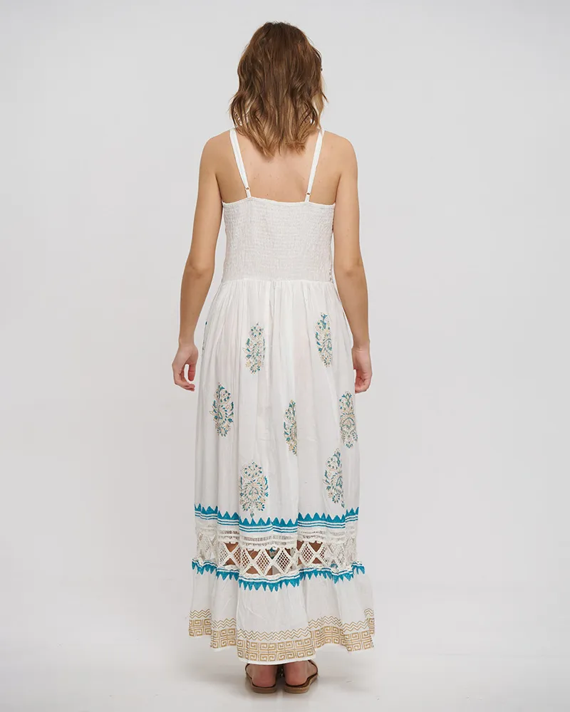 ΦΟΡΕΜΑ ΜΑΚΡΥ ΑΜΑΝΙΚΟ ΣΕ ΛΕΥΚΟ ΧΡΩΜΑ ΜΕ ΧΡΥΣΕΣ/ΜΠΛΕ ΛΕΠΤΟΜΕΡΕΙΕΣ ONE SIZE (100% COTTON)