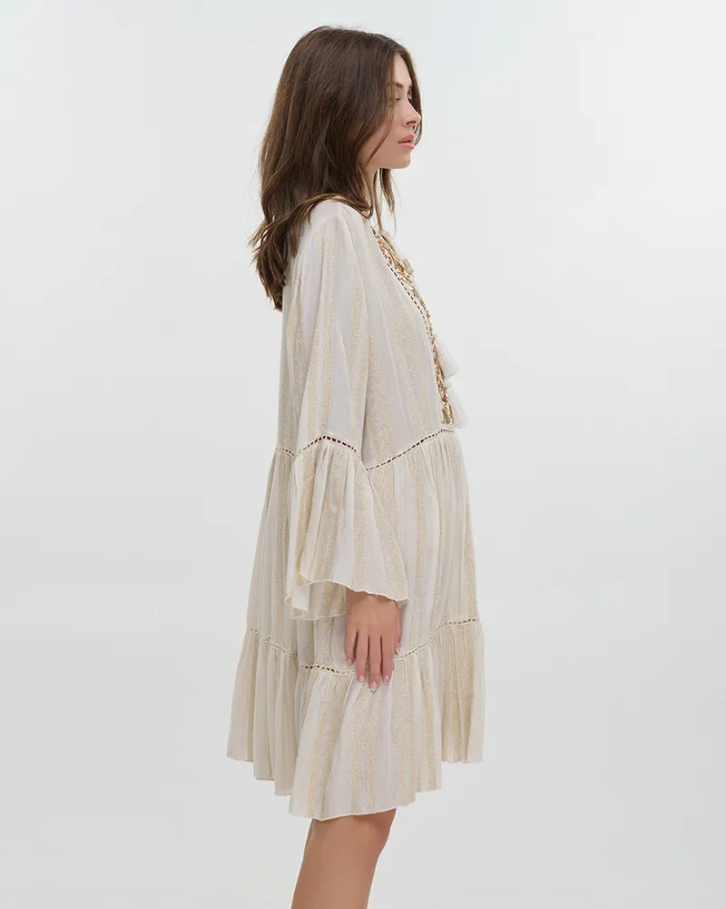 ΦΟΡΕΜΑ ΚΟΝΤΟ ΜΕ ΜΑΚΡΥ ΜΑΝΙΚΙ ΜΠΕΖ ΜΕ ΧΑΝΤΡΕΣ ONE SIZE (100% COTTON)