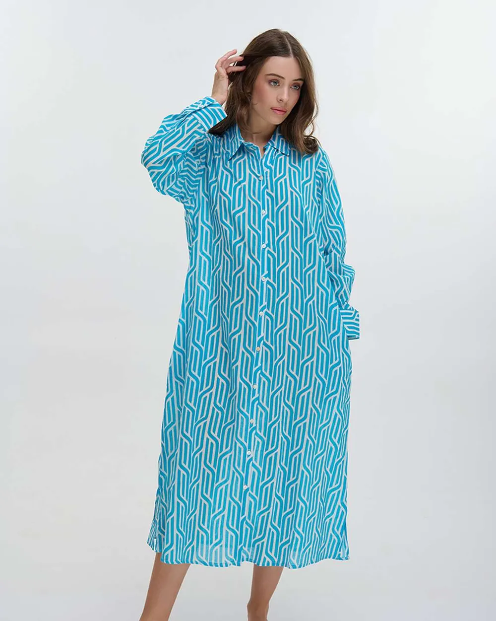 ΠΟΥΚΑΜΙΣΑ ΜΑΚΡΙΑ ΜΕ ΜΑΚΡΥ ΜΑΝΙΚΙ ΜΠΛΕ/ΛΕΥΚΗ ONE SIZE (100% COTTON)